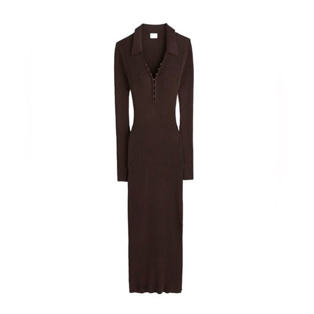 Abercrombie & Fitch Hook Eye Ribbed Polo Sweater Long Sleeve Brown Midi Dress LP